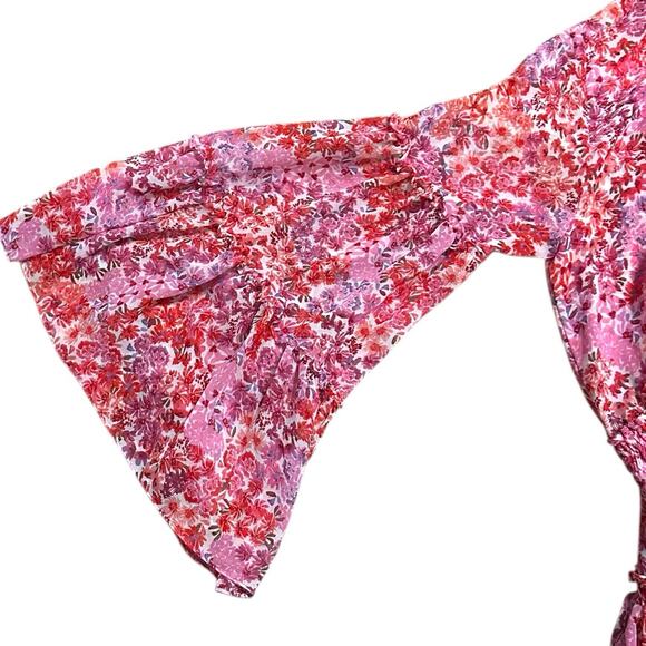 MISA Los Angeles Leeva Pink Floral Bell Sleeve Mini Ruffle Dress Women’s XS - Picture 7 of 8